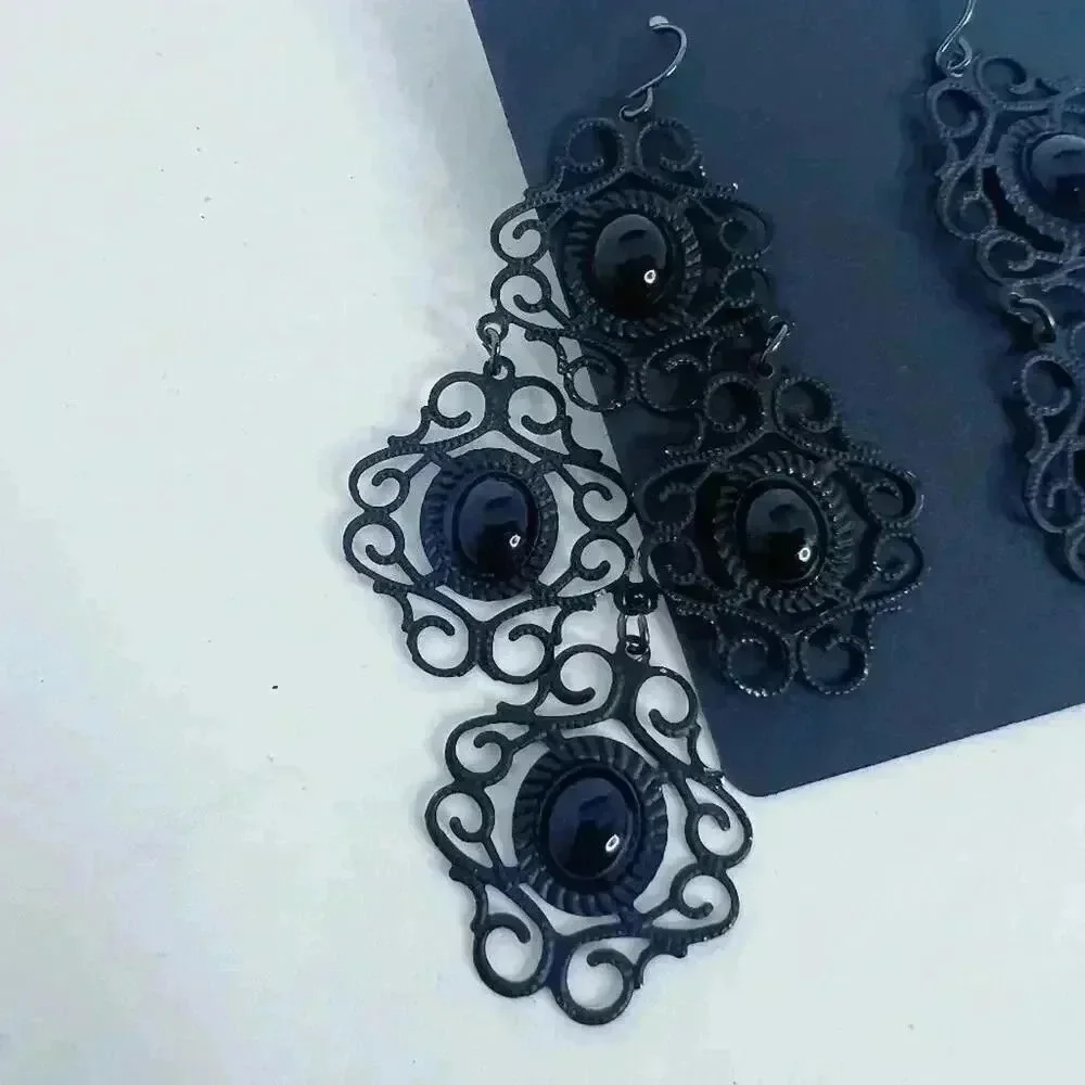 Black Gothic Drop Earrings Statement Dark Halloween Grunge Punk